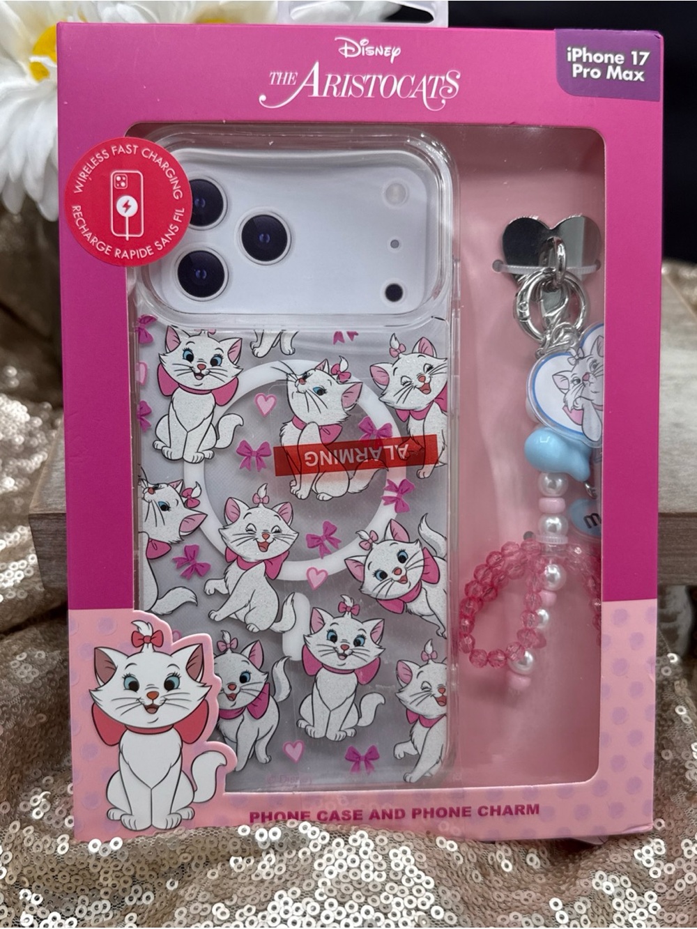 New Disney Aristocats Marie iPhone 17 Pro Max Case With Bow Charm Glitter Pink